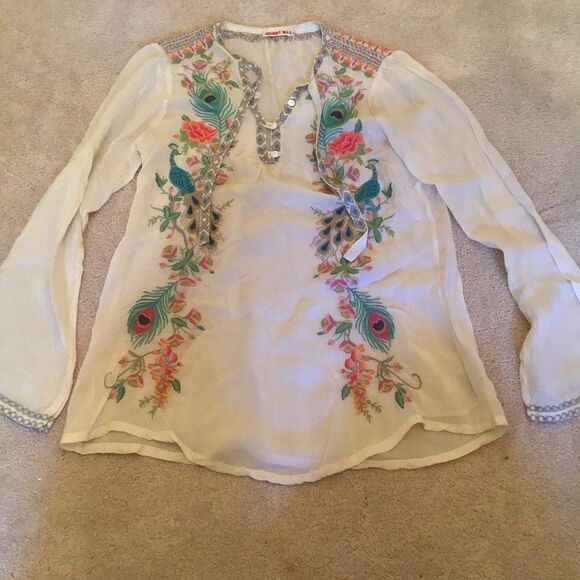 Johnny Was Peacock Sable Embroidered White Blouse with Floral Accents - Picture 4 of 9